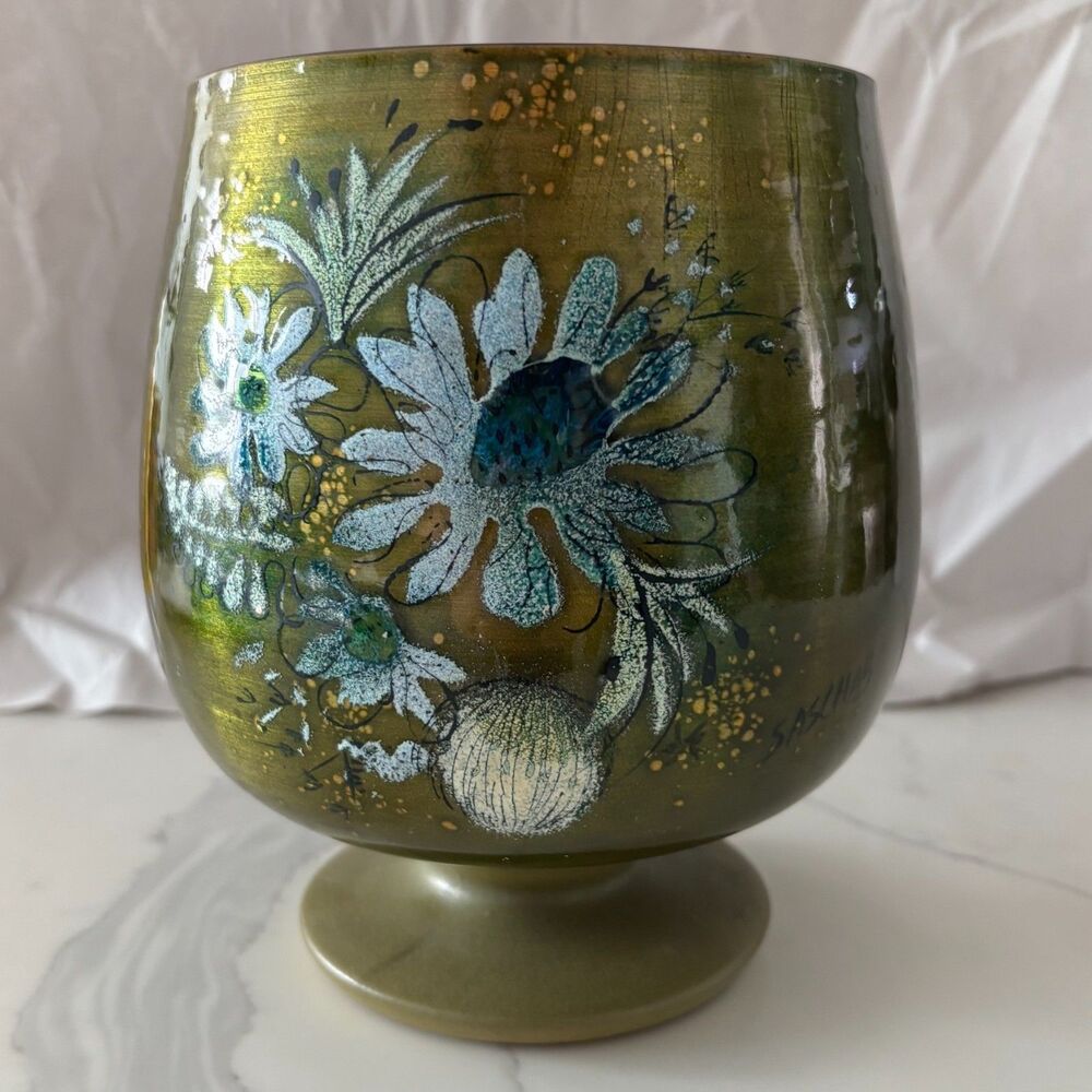 Mid Century Modern Sascha Brastoff Enamel Green Floral Cachepot MCM Handpainted